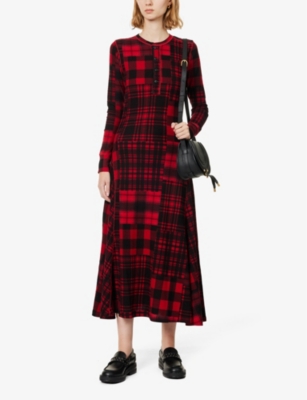 Shop Polo Ralph Lauren Women's Red Plaid Patchwork Checked Round-neck Cotton-knit Maxi Dress