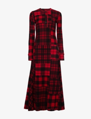 Polo Ralph Lauren Womens Red Plaid Patchwork Checked Round-neck Cotton-knit Maxi Dress