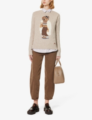 Shop Polo Ralph Lauren Womens Mushroom Marl Polo Bear Graphic-intarsia Cotton-knit Jumper
