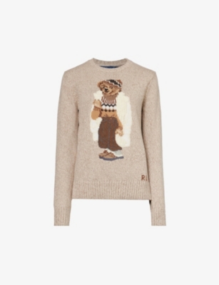 Shop Polo Ralph Lauren Women's Mushroom Marl Polo Bear Graphic-intarsia Cotton-knit Jumper