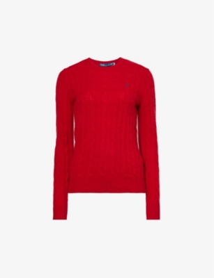 POLO RALPH LAUREN POLO RALPH LAUREN WOMEN'S NEW RED JULIANNA LOGO-EMBROIDERED CABLE-KNIT WOOL AND CASHMERE-BLEND JUMPE