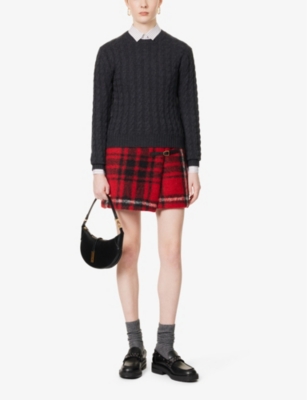Shop Polo Ralph Lauren Buckle-embellished Checked Wool-blend Mini Skirt In 1504 Oversize Red Plaid