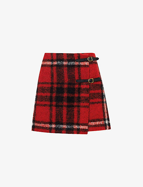 POLO RALPH LAUREN: Buckle-embellished checked wool-blend mini skirt