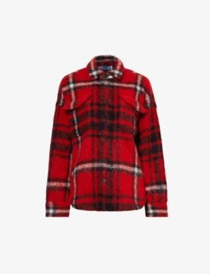 Shop Polo Ralph Lauren Womens 1505 Oversize Red Plaid Olivia Checked Wool-blend Overshirt