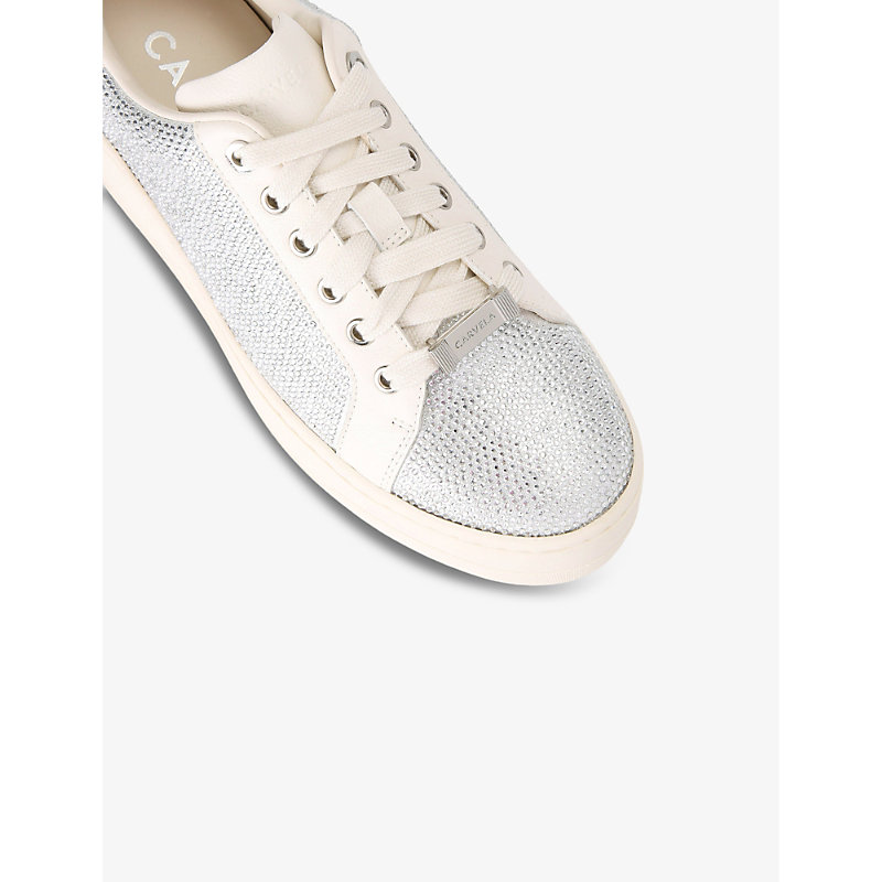 Shop Carvela Women's Silver Connected Crystal-embellished Leather Low-top Trainers