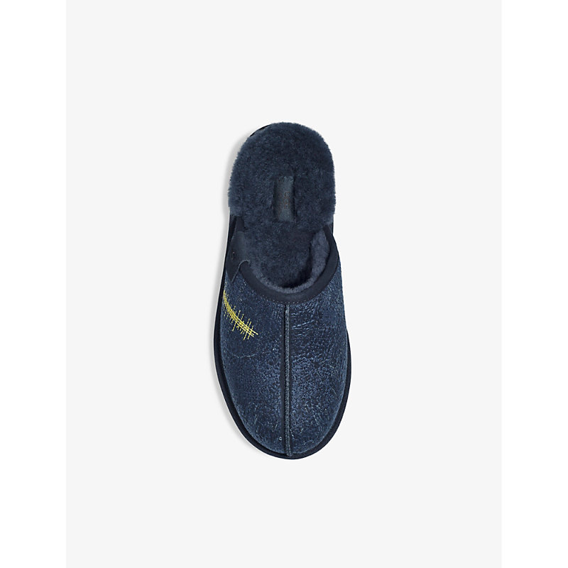 Shop Ugg X The Elder Statesman Embroidered-pattern Shearling Sliders In Blue