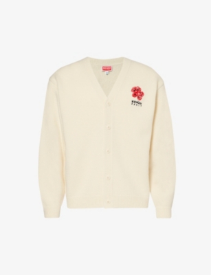 Kenzo Mens Off White Drawn Boke Logo-embroidered Wool Cardigan