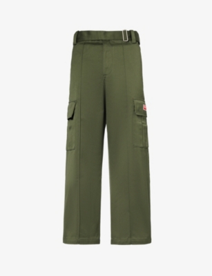 Shop Kenzo Men's Dark Khaki Brand-patch Detachable-belt Straight-leg Cotton Cargo Trousers