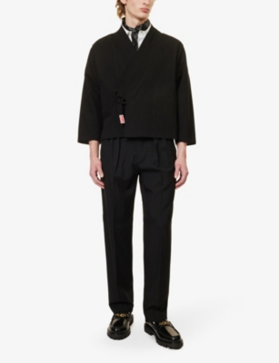 Shop Kenzo Men's Black Kimono Brand-appliqué Cotton And Linen-blend Jacket