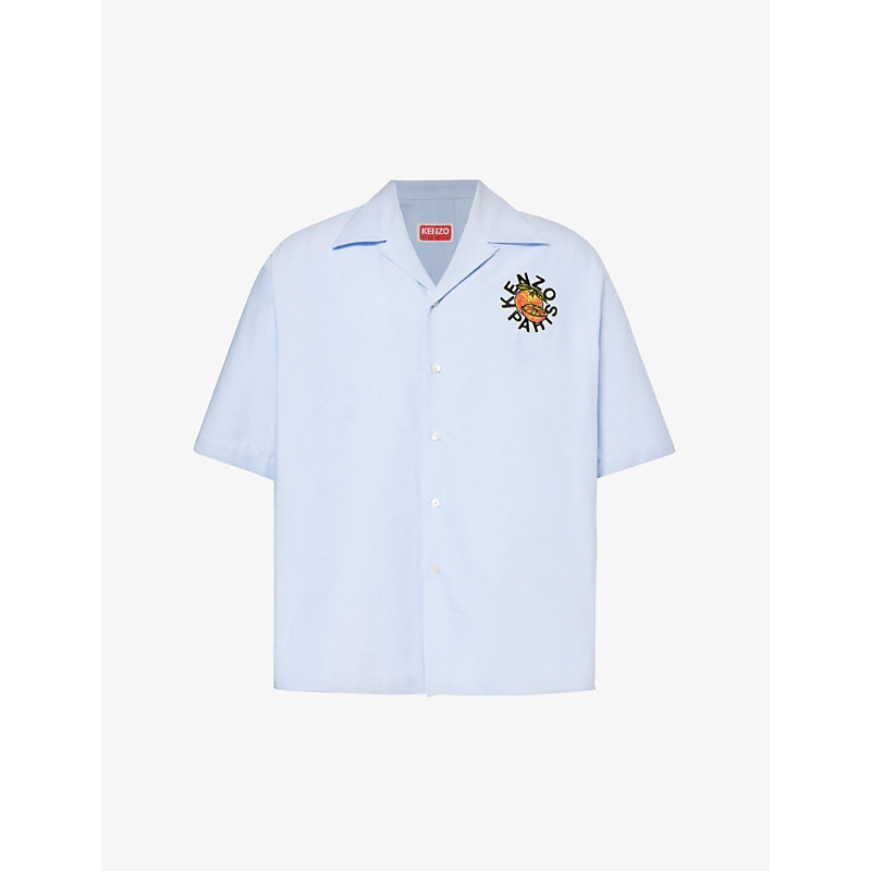 Kenzo Mens Sky Blue Oranges Brand-embroidered Boxy-fit Cotton Shirt
