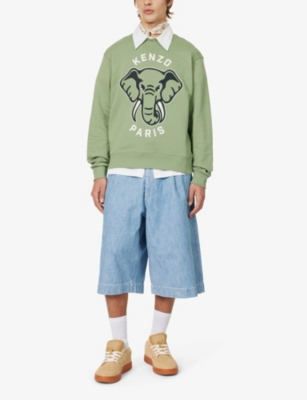Shop Kenzo Elephant-print Branded Cotton-jersey Sweatshirt In Almond Green