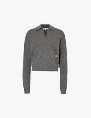 SPORTY AND RICH SPORTY & RICH WOMENS DARK GREY LOGO-EMBROIDERED POLO-COLLAR CASHMERE JUMPER 