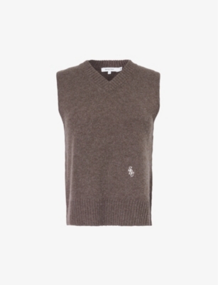 SPORTY AND RICH SPORTY & RICH WOMEN'S BROWN LOGO-EMBROIDERED V-NECK CASHMERE VEST TOP