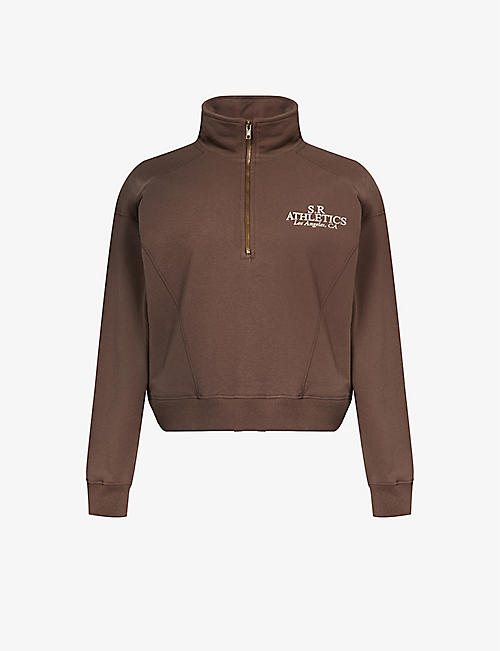 SPORTY & RICH: Logo-print quarter-zip cotton-jersey sweatshirt