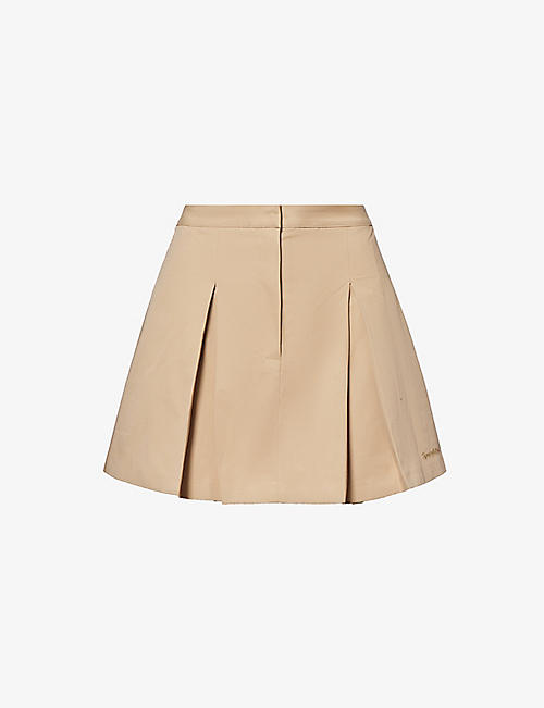 SPORTY & RICH: A-line logo-embroidered cotton mini skirt