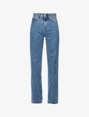 Sporty And Rich Loose Brand-patch Straight-leg High-rise Jeans In Medium Blue