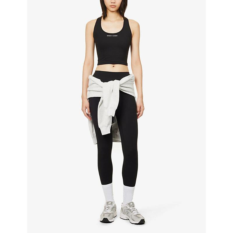 Shop Sporty And Rich Logo-print Scoop-neck Stretch-woven Top In Black