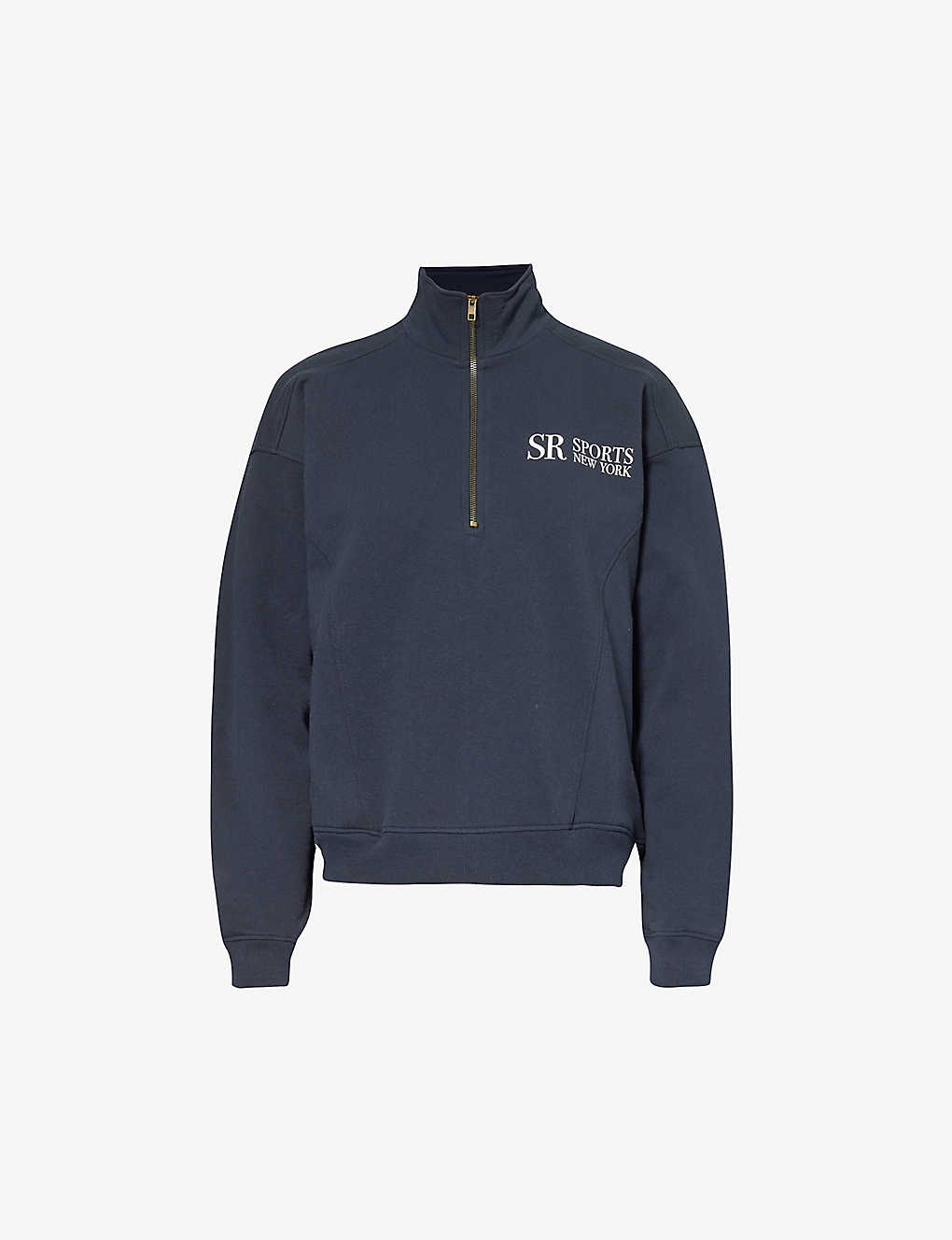 Sporty And Rich Branded-print Half-zip Cotton-jersey Sweatshirt In Navy