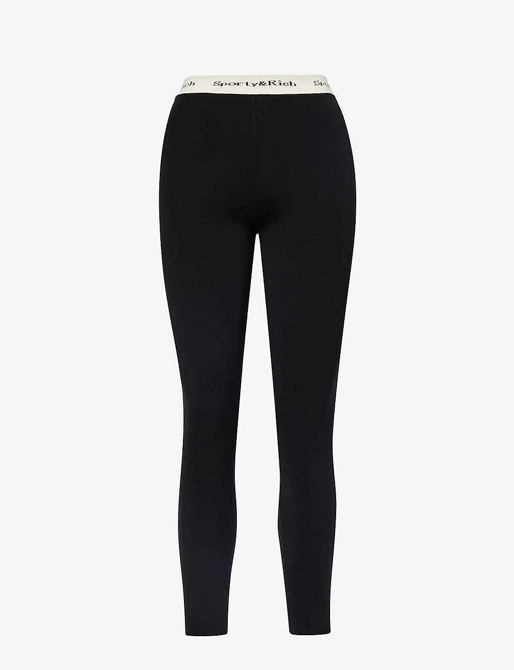 Sporty And Rich Branded-waistband Ribbed Stretch-woven Leggings In Black