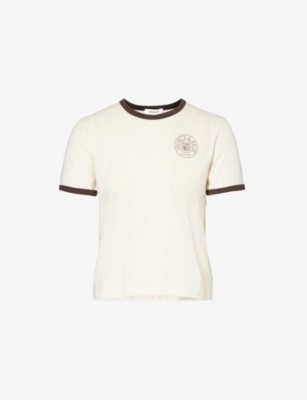 SPORTY & RICH: Crest-print contrast-trim cotton-jersey T-shirt