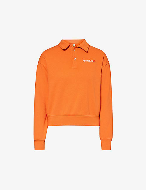SPORTY & RICH: Brand-embroidered polo-collar cotton-jersey sweatshirt