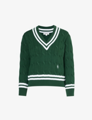 SPORTY & RICH: Cable-knit V-neck cotton sweatshirt