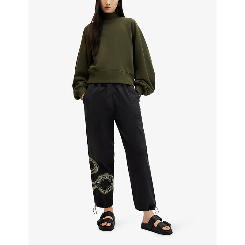 Shop Allsaints Womens Washed Black Yas Snake-embroidered High-rise Stretch-woven Trousers