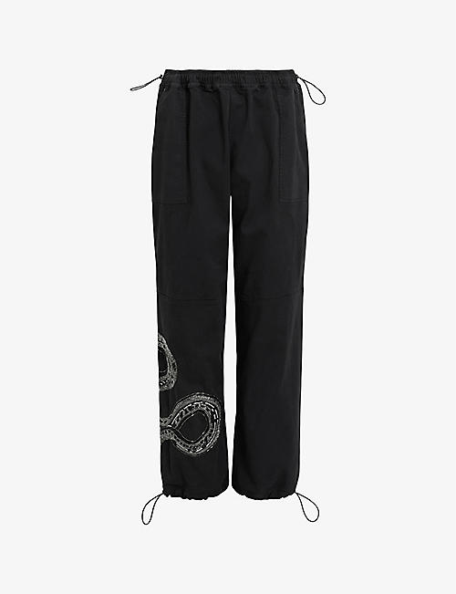 ALLSAINTS: Yas snake-embroidered high-rise stretch-woven trousers