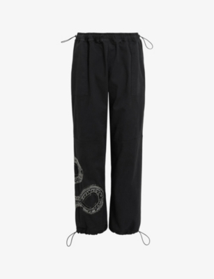 Shop Allsaints Women's Washed Black Yas Snake-embroidered High-rise Stretch-woven Trousers