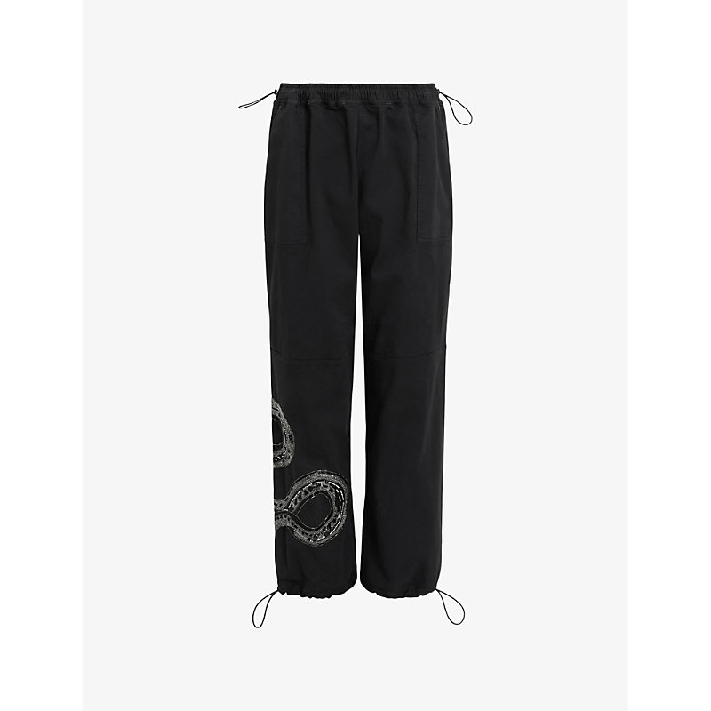 Shop Allsaints Womens Washed Black Yas Snake-embroidered High-rise Stretch-woven Trousers