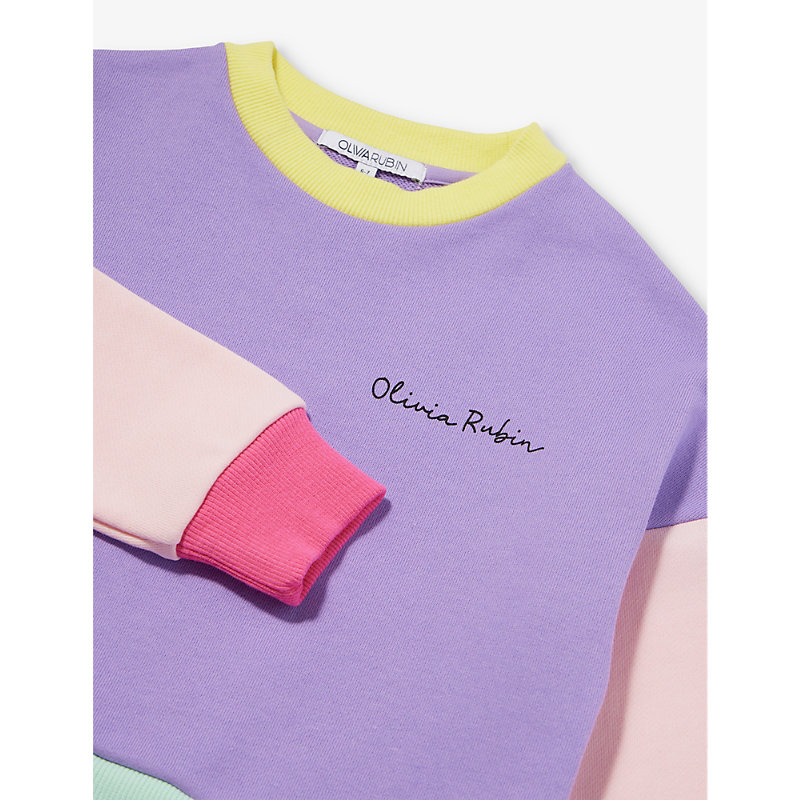 Shop Olivia Rubin Girls Lilac Kids Colourblock Branded-print Cotton-jersey Sweatshirt 4-11 Years