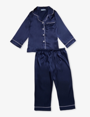Shop Mini Lunn Girls Navy Kids Contrast-piping Patch-pocket Satin Pyjamas 2-5 Years