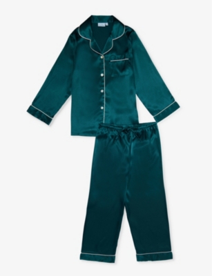 Shop Mini Lunn Girls Green Kids Contrast-piping Patch-pocket Satin Pyjamas 2-9 Years
