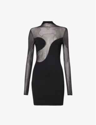 Shop Nensi Dojaka Womens Black Sheer-panel High-neck Knitted Mini Dress