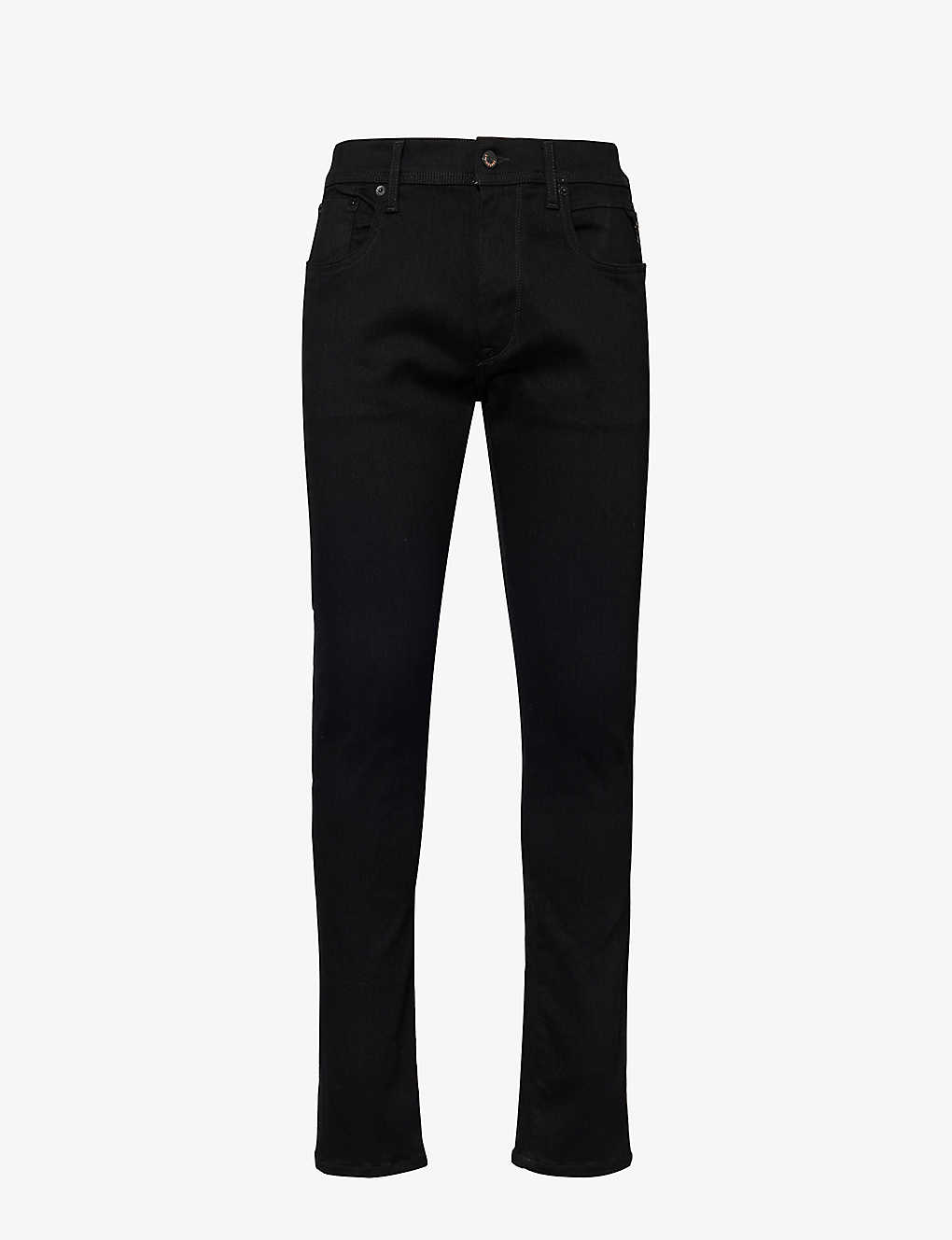 Replay Mens Black Brand-patch Tapered-leg Mid-rise Stretch-woven Jeans