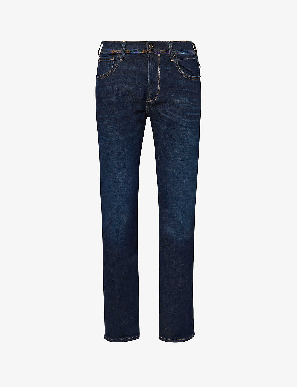 Replay Mens Dark Blue Brand-patch Straight-leg Mid-rise Stretch Denim-blend Jeans