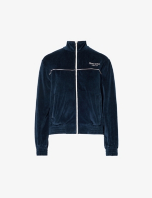 Sporty And Rich Logo-embroidered High-neck Velour Jacket In Navy