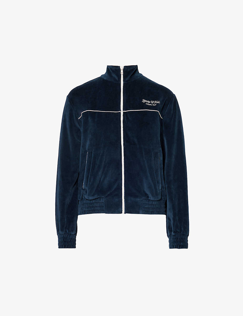 Sporty And Rich Logo-embroidered High-neck Velour Jacket In Navy
