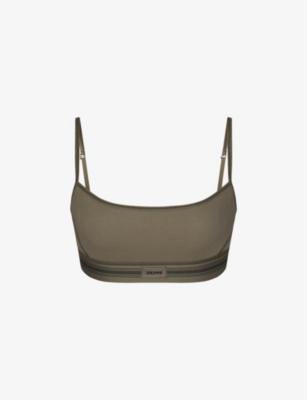 Skims Womens Army Logo-patch Ribbed Stretch-cotton Bra In Army