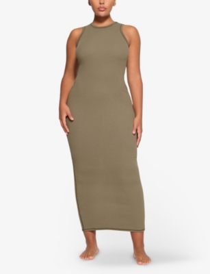 Shop Skims Women's Army Cotton Rib Stretch-cotton Maxi Dress