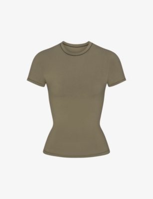 Skims Womens Army Ribbed Stretch-cotton T-shirt In Khaki/olive