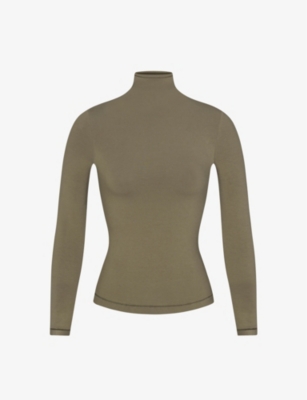 Skims Womens Army Fitted Turtleneck Stretch-cotton T-shirt