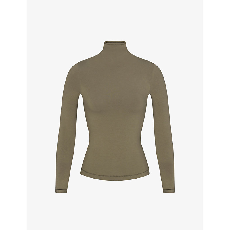 Skims Womens Army Fitted Turtleneck Stretch-cotton T-shirt