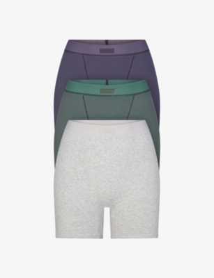 Shop Skims Women's Light Heather Grey Multi Brand-patch Ribbed Stretch-cotton Boxer Shorts Pack Of Three In Light Grey/green/purple