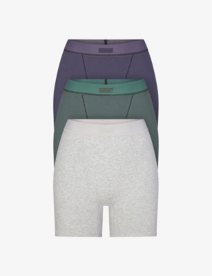 Skims 3-pack Cotton Rib Boxers In Light Grey/green/purple