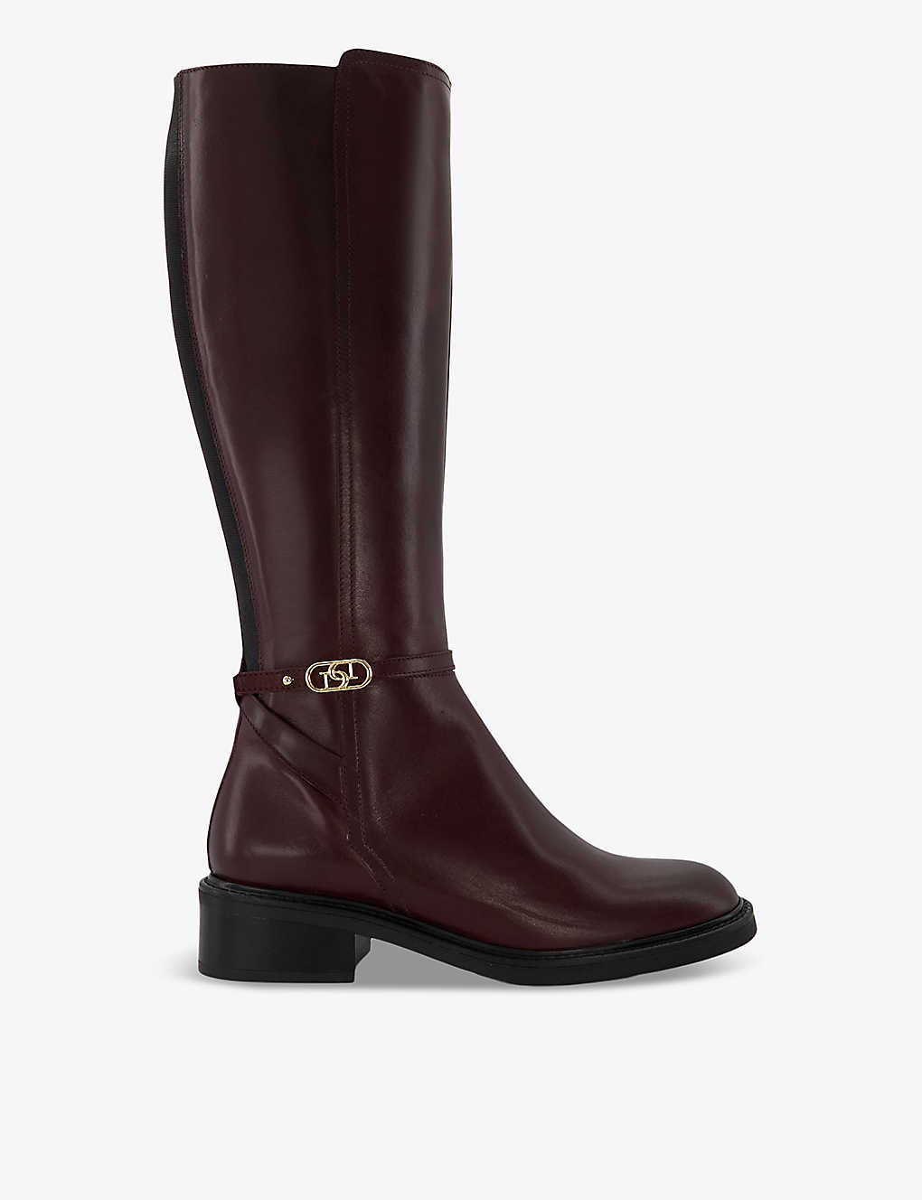Dune Womens Burgundy-leather Tia City Logo-badge Leather Knee-high Boots