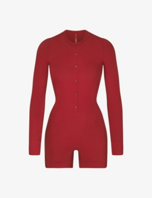 SKIMS: Button-up long-sleeve stretch-woven Henley onesie