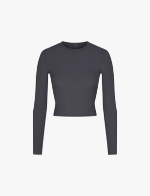 Skims Womens Graphite Soft Lounge Long-sleeve Cropped Stretch-jersey Top In Graphite