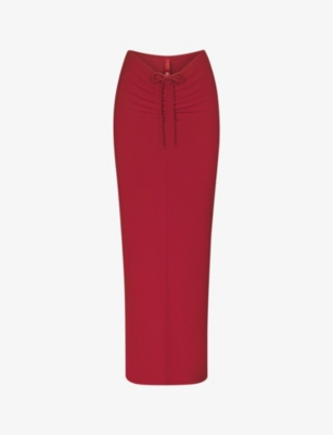 Skims Womens Brick Soft Long Ruched-front Stretch-jersey Maxi Skirt In Red