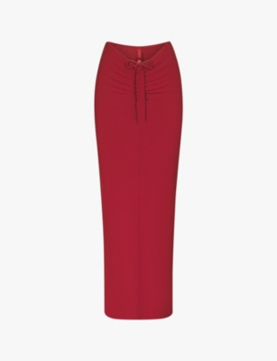 Skims Womens Brick Soft Long Ruched-front Stretch-jersey Maxi Skirt In Red